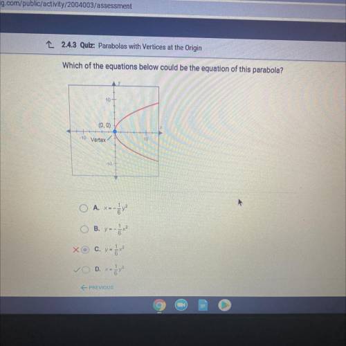 Question 1 of 10

Which of the equations below could be the equation of this parabola?
10+
(0,0)
1
