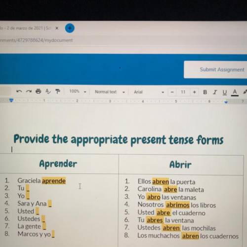 Provide the appropriate present tense forms For Aprender