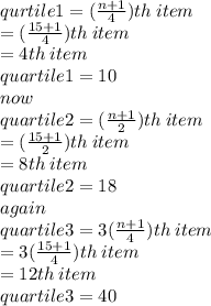 qurtile1 =  (\frac{n + 1}{4})th \: item \\  =  (\frac{15 + 1}{4})th \: item  \\  = 4th \: item \\ quartile1 = 10 \\ now \\ quartile2 =( \frac{n + 1}{2})th \: item \\  = ( \frac{15 + 1}{2})th \: item \\ = 8th \: item \\ quartile2 = 18 \\ again \\ quartile3 = 3( \frac{n + 1}{4})th \: item \\  = 3( \frac{15 + 1}{4})th \: item \\  = 12th \: item \\ quartile3 = 40