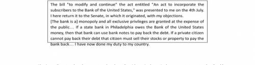 According to the document why does President Andrew Jackson want to veto the bank charter