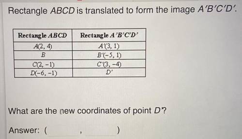 Rectangle ABCD is translated to form the image A'B'C'D'.

What are the new coordinates of point D?