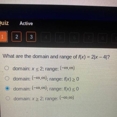 What are the domain and range of f(x) = 2x – 4[?

O domain: x < 2; range: (-00,00)
O domain: (-