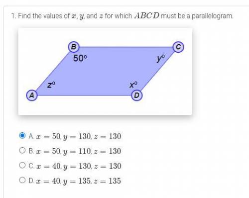 Find the values of x, y, and z for which ABCD must be a parallelogram.

I tried this one but i don