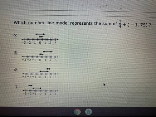 Which number line model represents the sum of 3/4 + (-1.75) ?
