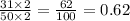 \frac{31 \times 2}{50 \times 2}  =  \frac{62}{100}  = 0.62