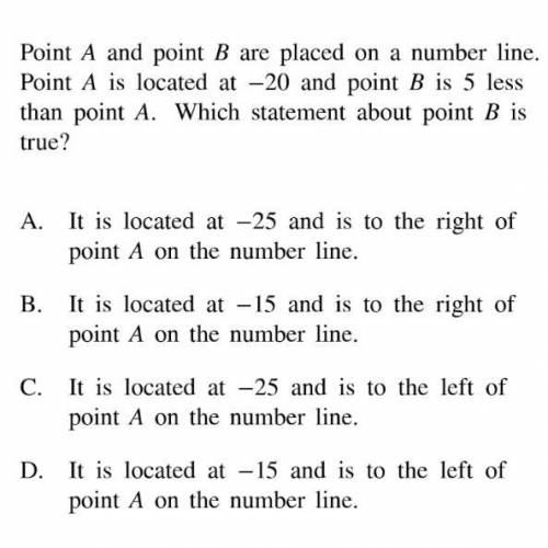 Point A and B are placed on a number line. Point A is located -20 and Point B is located at 5 less