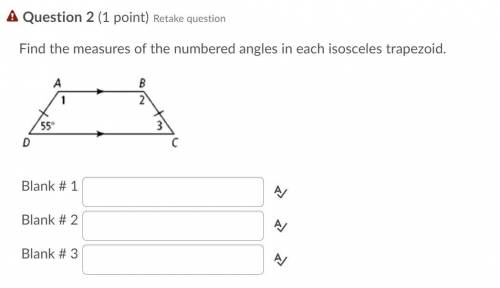 (Click on picture) 
Find the measures of the numbered angles in each isosceles trapezoid.