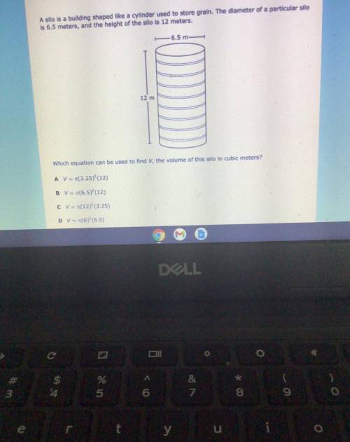 Which equation can be used to find V, the volume of this silo in cubic meters?