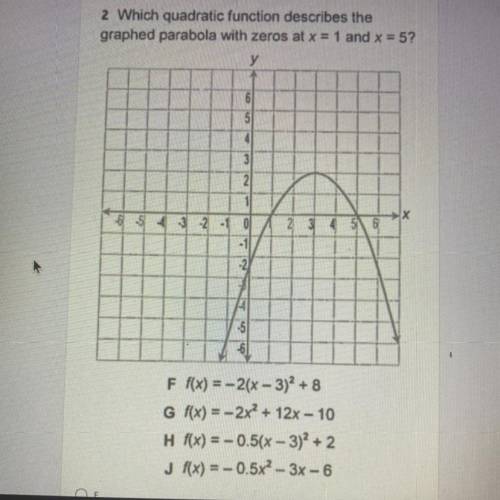 2 Which quadratic function describes the

graphed parabola with zeros at x = 1 and x = 5?
у
6
5
4