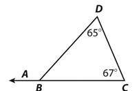 What is the measure of exterior angle DBA in the diagram below?
