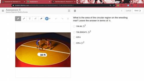 What is the area of the circular region on the wrestling mat? Leave the answer in terms of `\pi.`