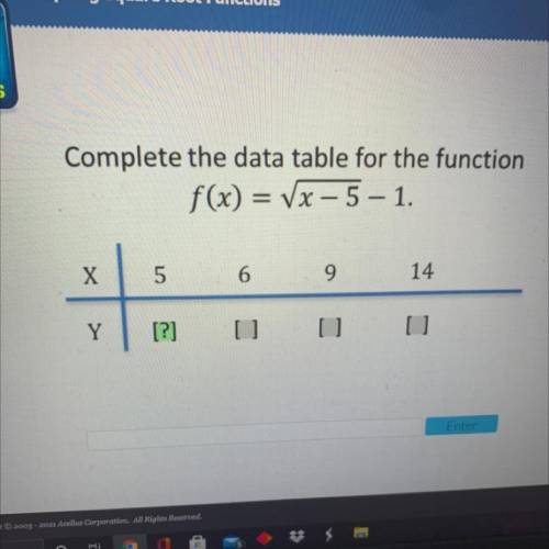 Complete the data table for the function

f(x) = Vx – 5 – 1.
x
5
6
9
14
Y
[?]