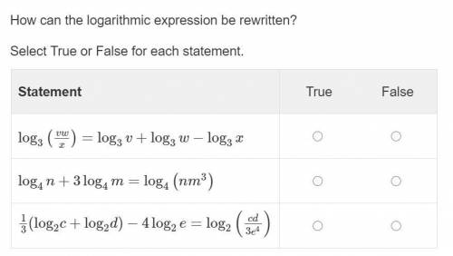 100 points

How can the logarithmic expression be rewritten?
Select True or False for each stateme