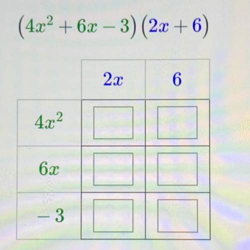 Please help me!

Use the box method to distribute and simplify (4x2 + 6x – 3)(2x + 6).
Drag and dr
