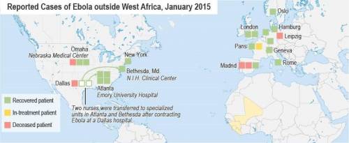 Refer to the map.

A world map titled Reported Cases of Ebola outside West Africa, January 2015. R