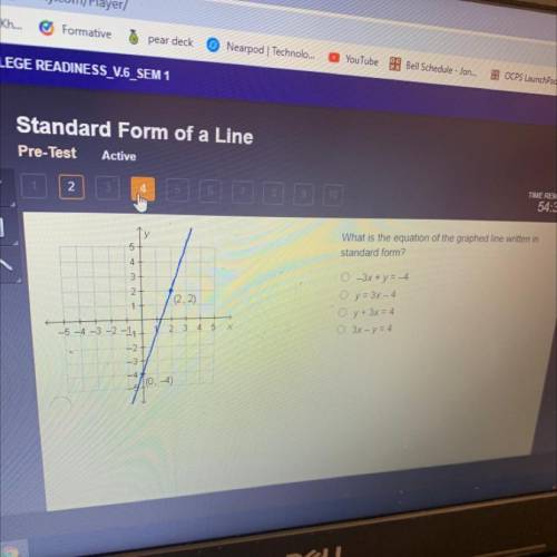 5

What is the equation of the graphed line written in
standard form?
4
co
3
2
2
(2, 2)
1
0 -3x +