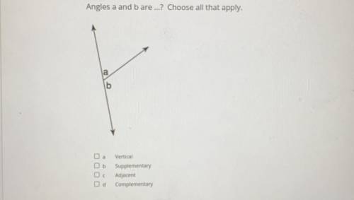 Please answer asap

Angles a and b are...? 
Choose all that apply.
a) Vertical
b) Supplementary
c)