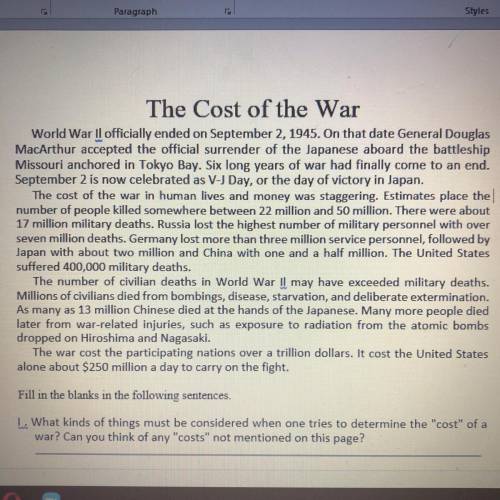 1. What kinds of things must be considered when one tried to determine the “cost” of a war? Can you