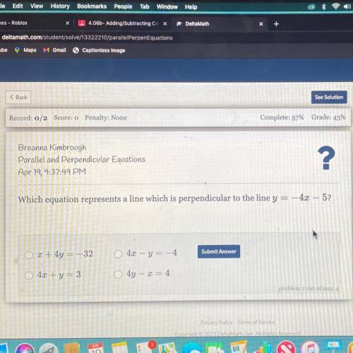 Which equation represents a line which is perpendicular to the line y = -4x - 5?