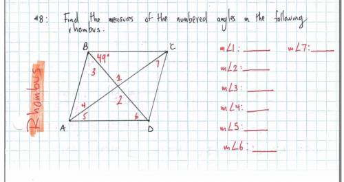 Find the measures of the numbered angles in the following rhombus