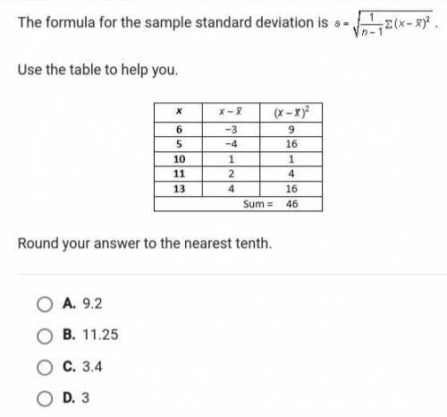 For the data set 6, 5, 10, 11, 13, the mean, x, is 9. What is the standard deviation?