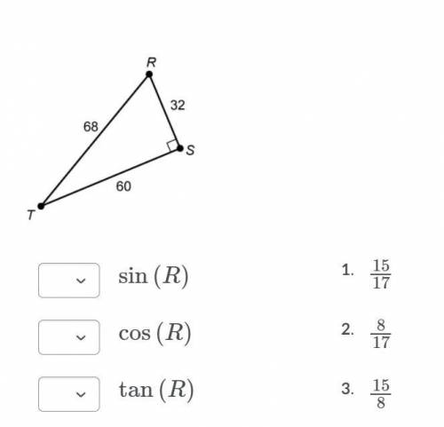 1) Provide the sine, cosine, and tangent of ∠F

2) Provide the sine, cosine, and tangent of ∠R