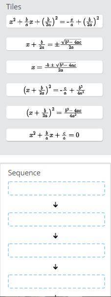 Complete the sequence for deriving the quadratic formula using the quadratic equation in standard f