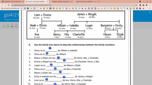 Use the family tree above to describe relationships between the family members. Answer 1-10 in Span