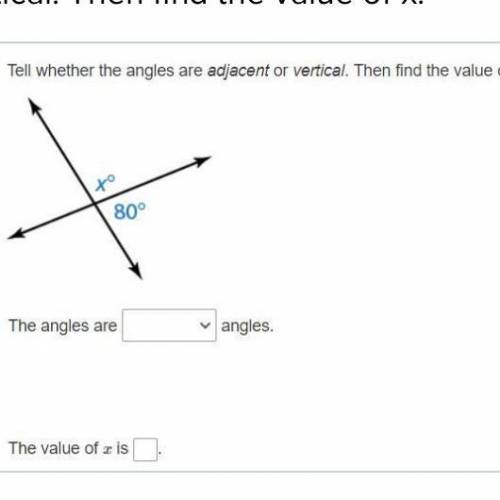 ILL GIVE BRAINLEST, tell whether the angles are adjacent or vertical. then find the value of x.