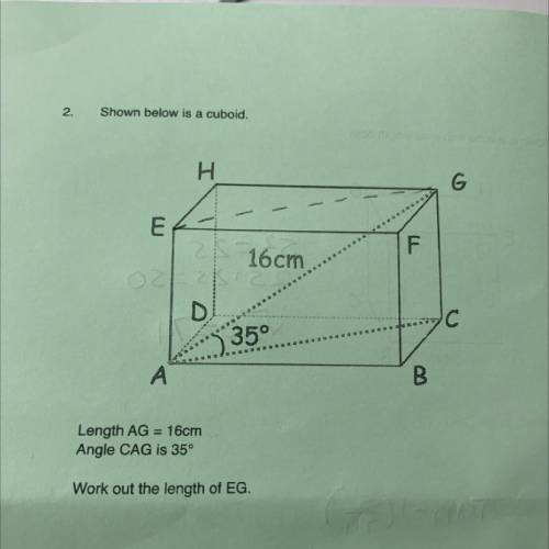 Shown below is a cuboid length ag=16cm angle cag is 35°