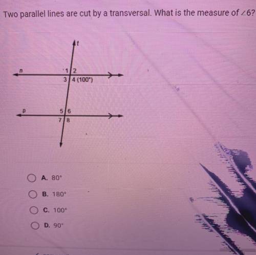 Two parallel lines are cut by a transversal. What is the measure of 267

1/2
34 (100)
5/6
70