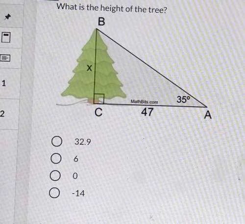 2 1 point What is the height of the tree? B Х 35° Matheis.com C 47 A 32.9 0 O 14​