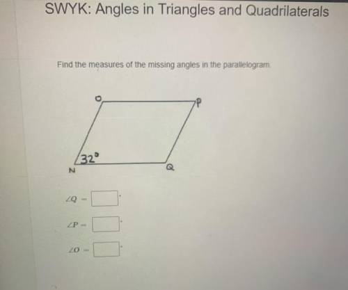 Find the measures of the missing angles in the parallelogram.