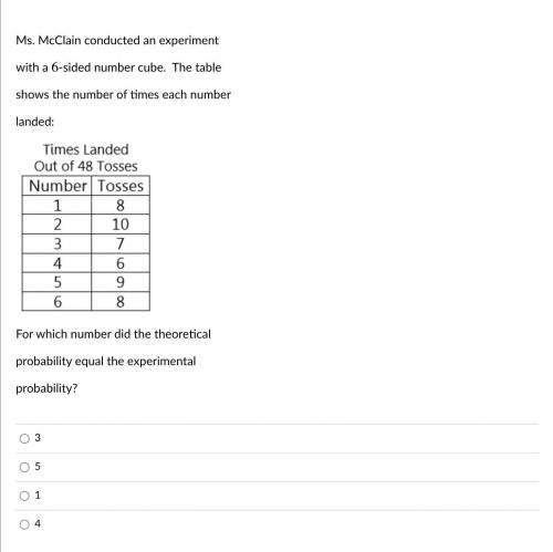 Ms. McClain conducted an experiment

with a 6-sided number cube. The table
shows the number of tim