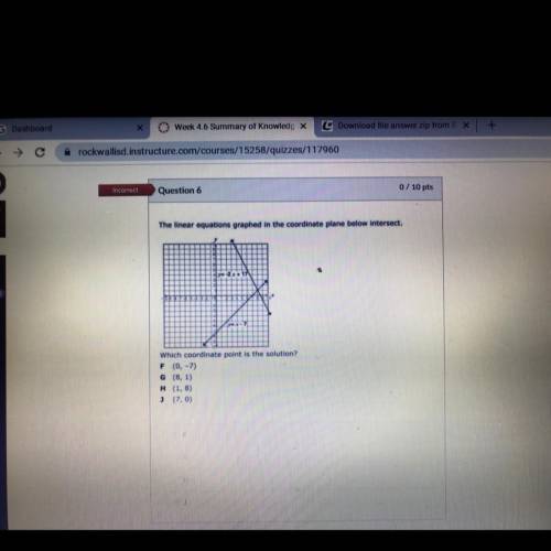 Question 6

0 / 10 pts
The linear equations graphed in the coordinate plane below intersect.
Which