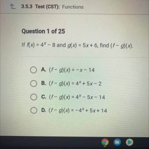 If f(x) equals 4^x- 8 and g(x) equals 5times + 6, find (f-g)(x)