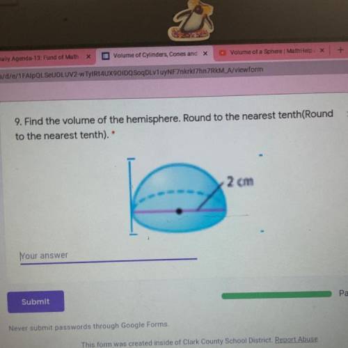 Find the volume of the hemisphere with a diameter of 2