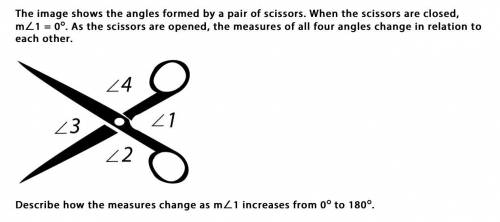 The image shows the angles formed by a pair of scissors. When the scissors are closed, m∠1 = 0°. As