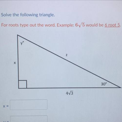 Help me find x, y, and z in the triangle above