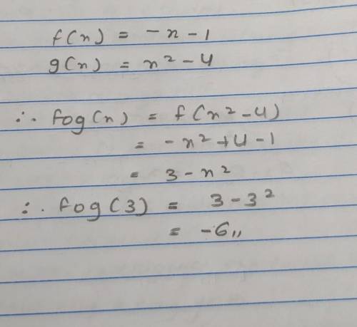 Let f(x) = – x-1 and g(x) = x² – 4.
Find (f o g)(3).
Then (f o g)(3) =