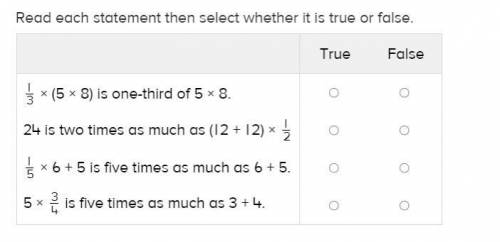 Read each statement then select whether it is true or false.

True
False
O
§ * (5 x 8) is one-thir