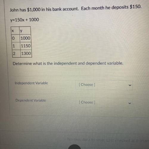 john has $1,000 in his bank account. each month he deposits $150 y=150x + 1000 determine what is th