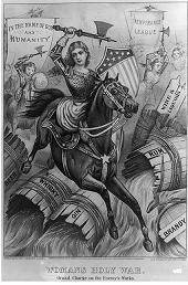 The illustration from 1874 depicts a crusader leading the temperance movement.

How does the image