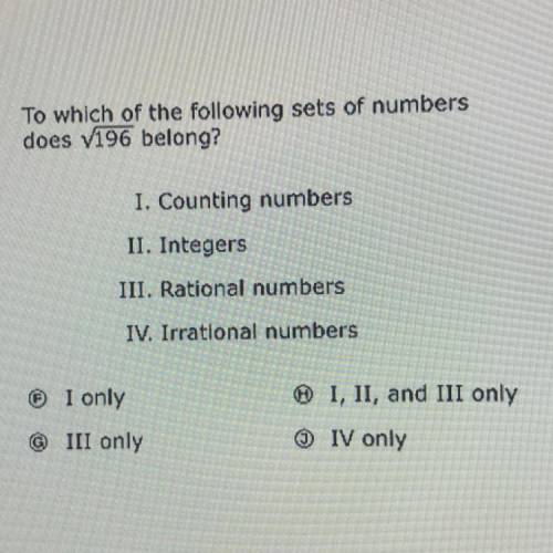 To which of the following sets of numbers

does Square root of 196 belong?
I. Counting numbers
II.