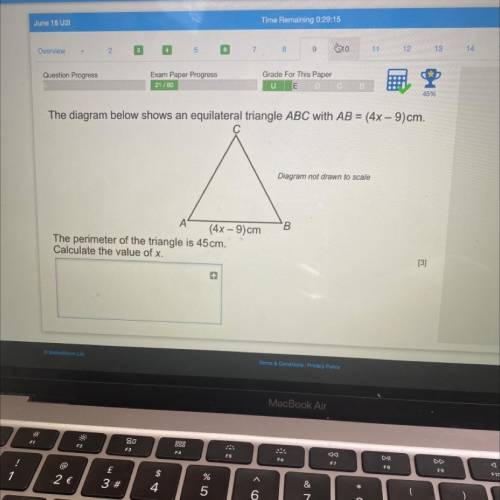The diagram below shows an equilateral triangle ABC with AB = (4x - 9)cm.

Diagram not drawn to sc