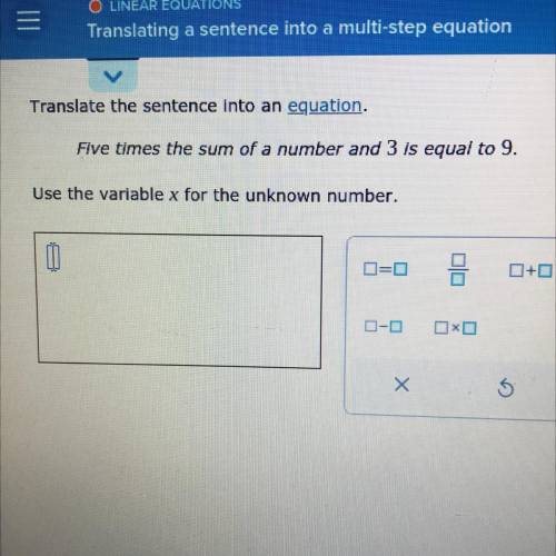 Translate the sentence into an equation.

Five times the sum of a number and 3 is equal to 9.
Use