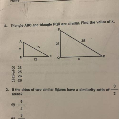 1. Triangle ABC and triangle PQR are similar. Find the value of x.