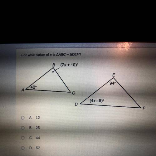 For what value of x is ABC ~ DEF?