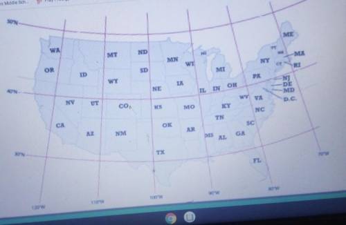 Take a look at the Map.

1) What state is found at 45 degree N and 70 degree W.2) what state is fo