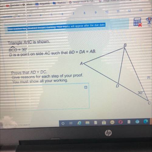 Triangle ABC is shown BCD=30 D is a point on side AC such that BD=DA=AB prove that AD =DC